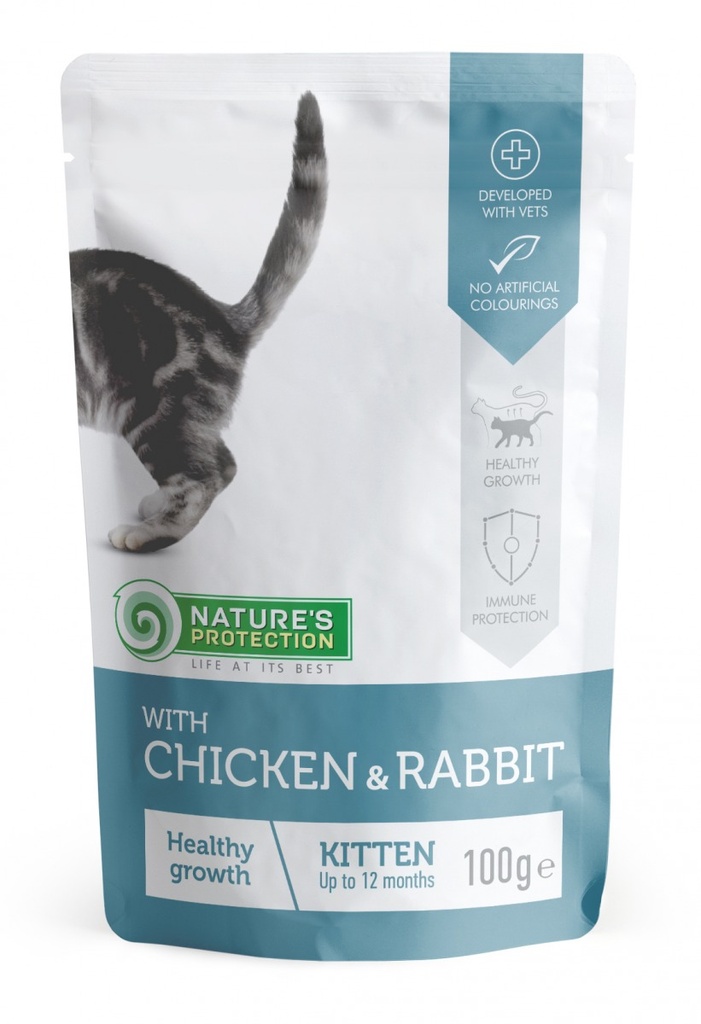 WITH CHICKEN &amp; RABBIT KITTEN HEALTHY GROWTH FOOD POUCHES WITH CHICKEN AND RABBIT FOR KITTENS, WHICH MAY HELP ENSURE HEALTHY GROWTH AND DEVELOPMENT OF YOUNG KITTENS.100g