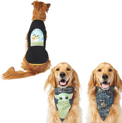 STAR WARS THE MANDALORIAN'S THE CHILD "Cutest Bounty" Reversible Bandana, X-Small/Small + "Left Unsupervised" Dog &amp; Cat T-Shirt, Medium