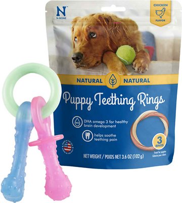 Nylabone Teething Pacifier Puppy Chew Toy + N-Bone Puppy Teething Ring Chicken Flavor Dog Treats