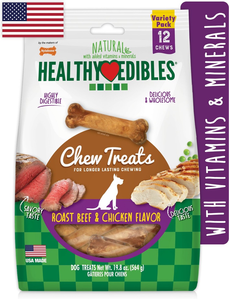 Nylabone Healthy Edibles Beef &amp; Chicken Flavor Variety Pack Dog Chew Treats, 12 count, 564g