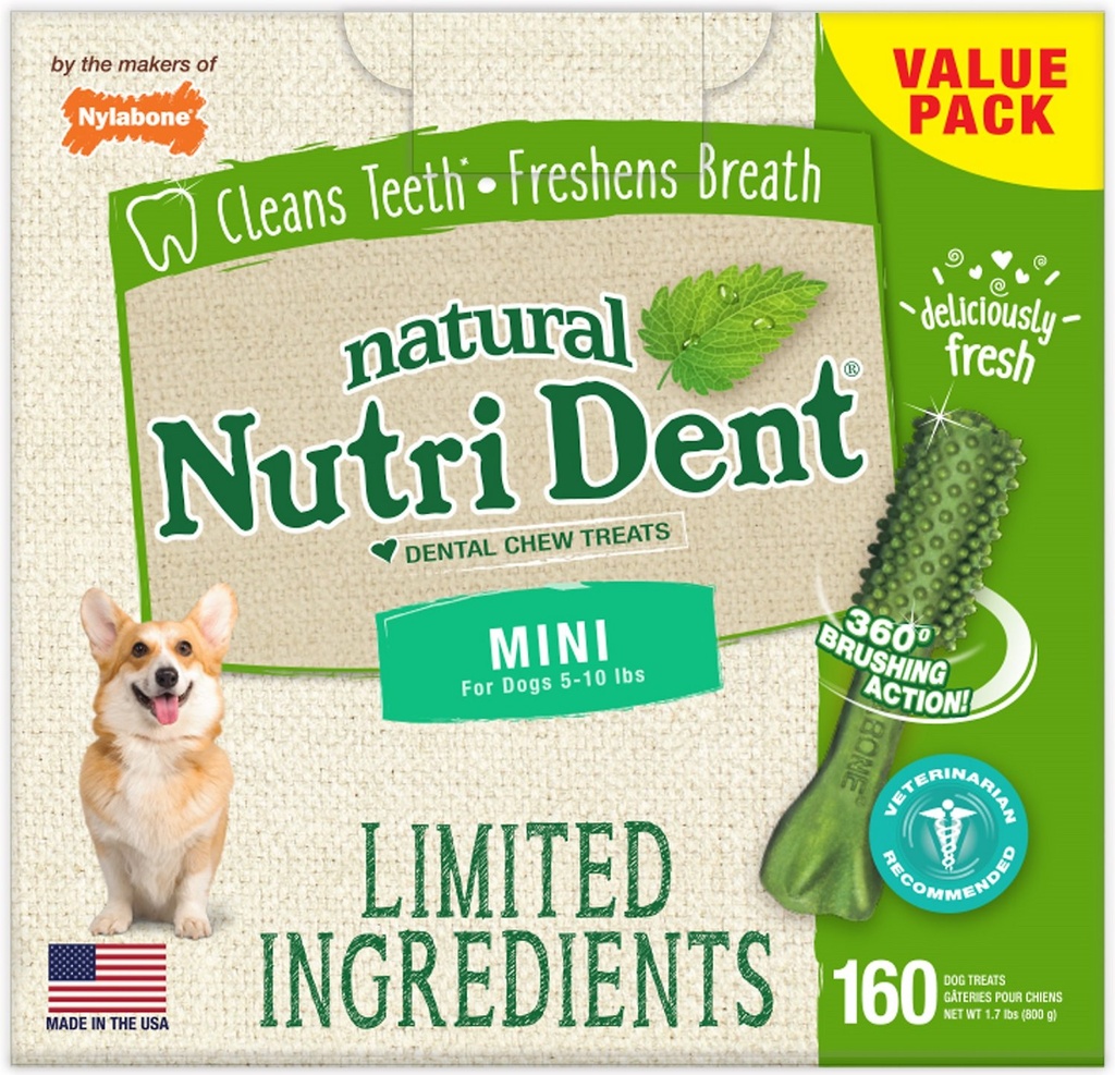 Nylabone Nutri Dent Limited Ingredients Fresh Breath Natural Mini Dental Dog Treats, 160 count