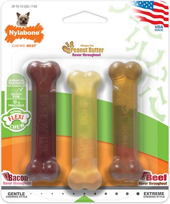 Nylabone FlexiChew Triple Pack Bacon, Peanut Butter &amp; Beef Flavored Dog Chew Toy, Petite