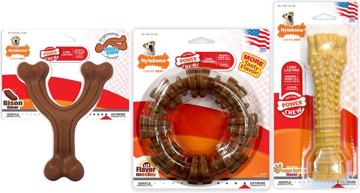 Nylabone Power Chew Customer Favorites Bison, Peanut Butter &amp; Bacon Flavored Dog Chew Toy, 3 count