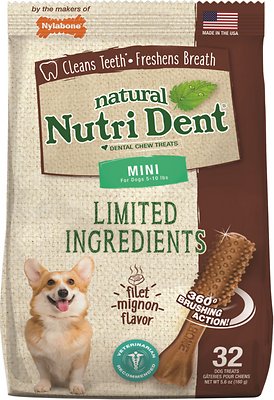 Nylabone Nutri Dent Limited Ingredients Filet Mignon Natural Mini Dental Dog Treats, 32 count, 150g