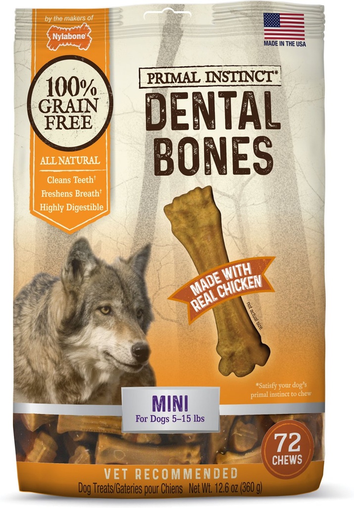 Nylabone Primal Instinct Grain-Free Chicken Recipe Mini Dental Bones Dog Treats, 72 count, 360g