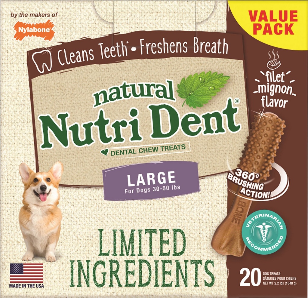 Nylabone Nutri Dent Limited Ingredients Filet Mignon Natural Large Dental Dog Treats, 20 count, 1kg