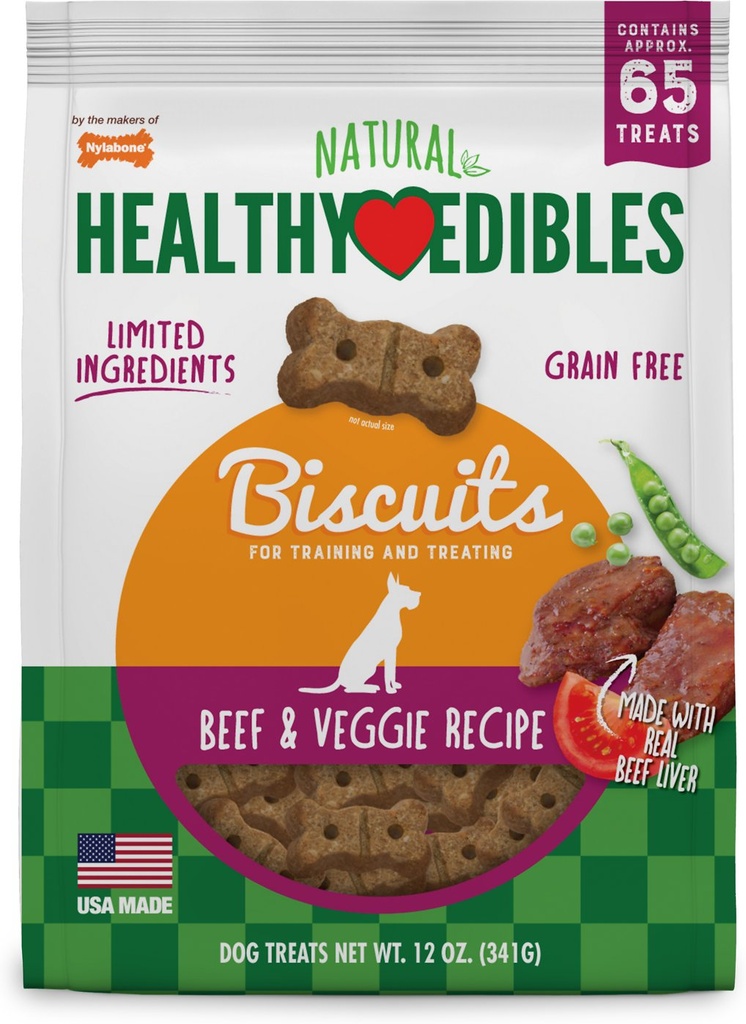 Nylabone Natural Healthy Edibles Grain-Free Biscuits Beef &amp; Veggie Recipe Grain-Free Dog Treats, 65 count, 341g
