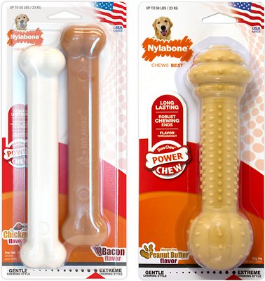 Nylabone Power Chew Chicken, Bacon, &amp; Allergen-Free Peanut Butter Flavors Dog Chew Toys, 3 count