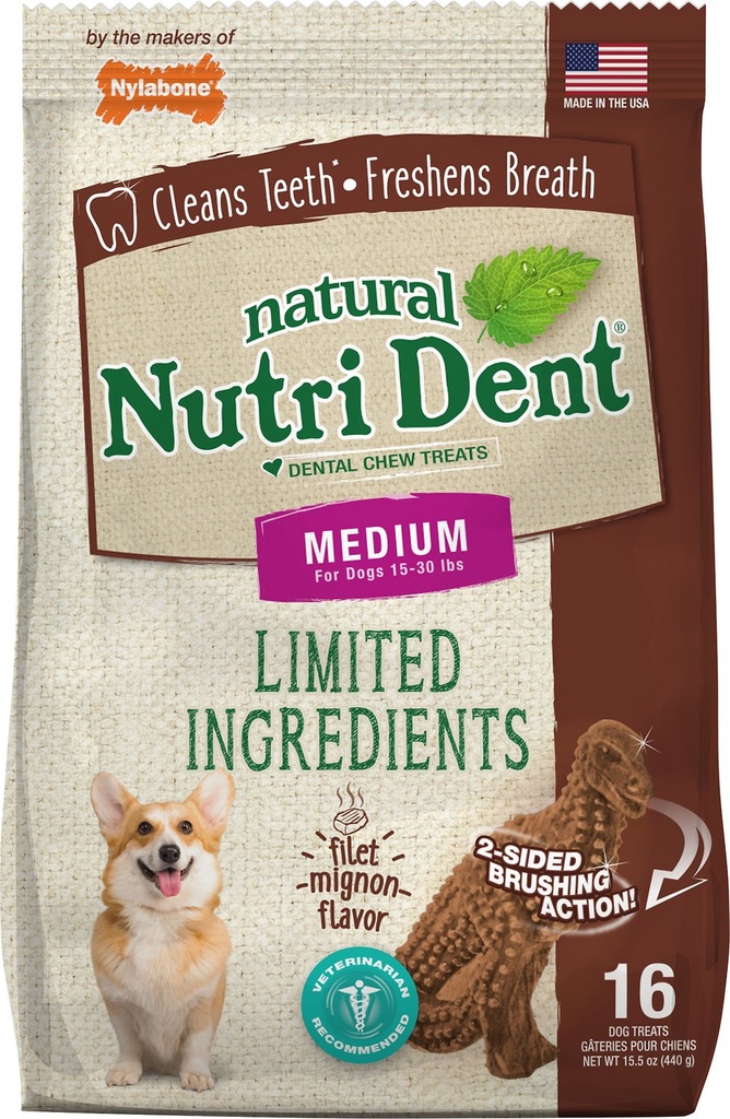 Nylabone Nutri Dent Limited Ingredients Filet Mignon Natural Medium T-Rex Dental Dog Treats, 16 count, 440g