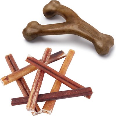 Benebone Bacon Flavor Wishbone Tough Chew Toy + Bones &amp; Chews Bully Stick 6" Dog Treats