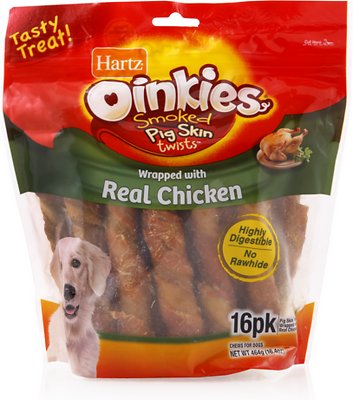 Oinkies Smoked Pig Skin Twist Wrapped with Real Chicken Dog Treats, 16 count