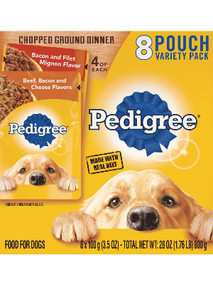 PEDIGREE Chopped Ground Dinner 8ct Variety Pack Bacon and Filet Mignon Flavor and Beef, Bacon and Cheese Flavor Wet Dog Food 800g