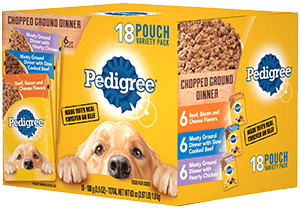 PEDIGREE Chopped Ground Dinner Adult Hearty Chicken, Slow Cooked Beef, and Beef, Bacon &amp; Cheese Variety Pack Wet Meaty Dog Food 1.8kg