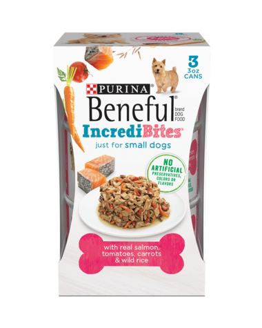 PURINA Beneful IncrediBites with Salmon, Tomatoes, Carrots, and Wild Rice 4.7 out of 5 stars. 24 reviews 3 Can Small Wet Dog Food 255g