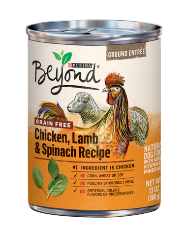 PURINA Beyond Ground Entrée Grain Free Chicken, Lamb &amp; Spinach Recipe Pack of 12 Wet Dog Food 368g