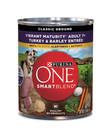 PURINA ONE Smartblend Classic Ground Vibrant Maturity Adult 7+ Turkey &amp; Barley Entrée Senior Case of 12 Dog Food 368g