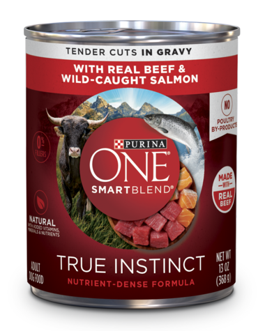 PURINA ONE SmartBlend True Instinct Beef &amp; Salmon Wet Tender Cuts in Gravy Case of 12 Wet Dog Food 368g