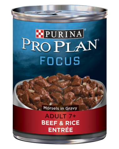 PURINA Pro Plan FOCUS Adult 7+ Beef &amp; Rice Entrée Morsels in Gravy Case of 12Wet Dog Food 368g