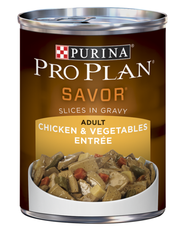 PURINA Pro Plan SAVOR Adult Chicken &amp; Vegetables Entrée Slices In Gravy Case of 12 Wet Dog Food 368g