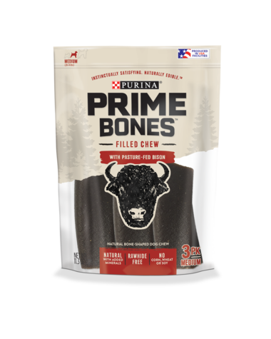 PURINA Prime Bones Rawhide-Free Medium Dog Filled Chew With Pasture-Fed Bison 6 Count Pouch Dog Treats 641g