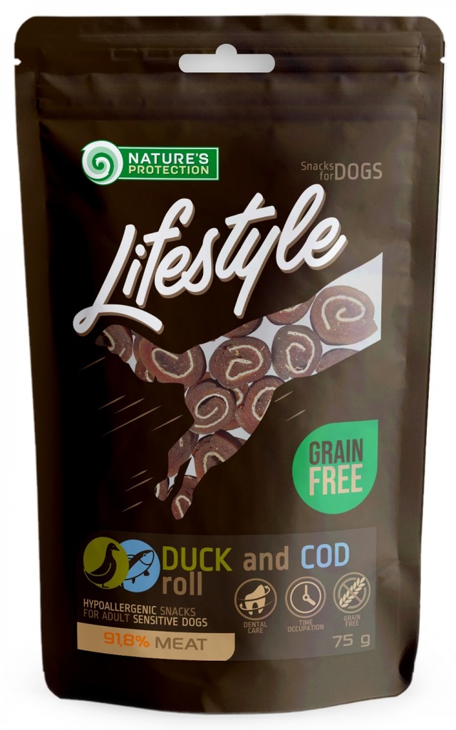 NATURES PROTECTION LIFESTYLE DUCK AND COD ROLLS DOG TREATS 75g