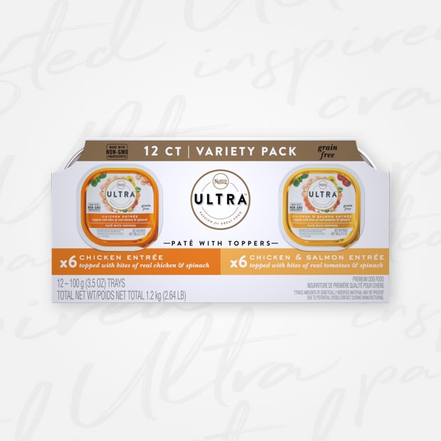 Nutro Ultra Variety Pack of 12 Adult Grain-Free Chicken, Chicken &amp; Salmon Entree Pate Dog Food Trays with Toppers 1.2kg