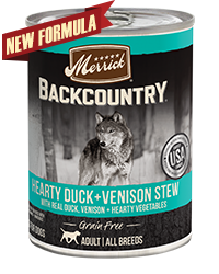 Merrick Backcountry Hearty Duck &amp; Venison Stew Grain Free Case of 12 Wet Dog Food 360g