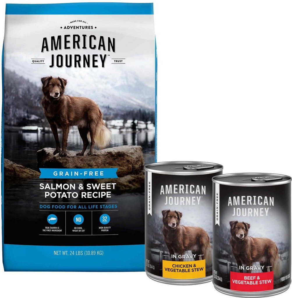 American Journey Salmon &amp; Sweet Potato Recipe Grain-Free Dry Food + Stews Poultry &amp; Beef Variety Pack Grain-Free Canned Dog Food 11.8kg