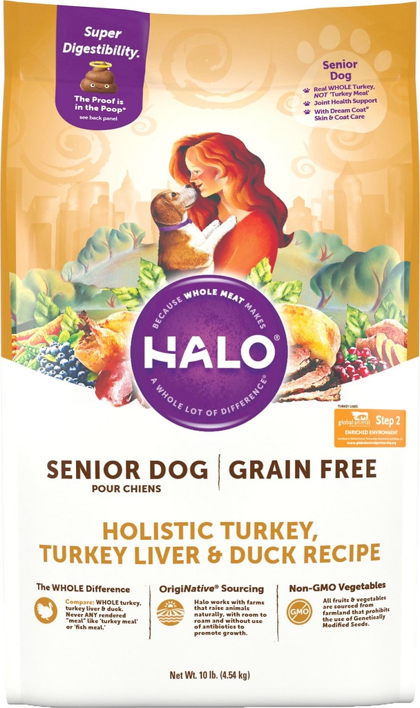 Halo Holistic Senior Grain-Free Turkey, Turkey Liver &amp; Duck Recipe Dry Dog Food 4.54kg