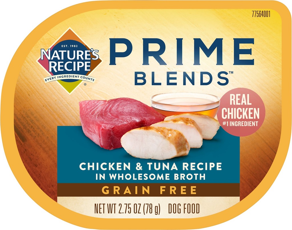 Nature's Recipe Prime Blends Grain-Free Chicken &amp; Tuna in Broth Recipe Case of 12 Wet Dog Food 78g