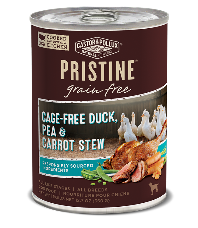 Castor &amp; Pollux PRISTINE Grain-Free Cage-Free Duck, Pea &amp; Carrot Stew Case of 12 Canned Dog Food 360g