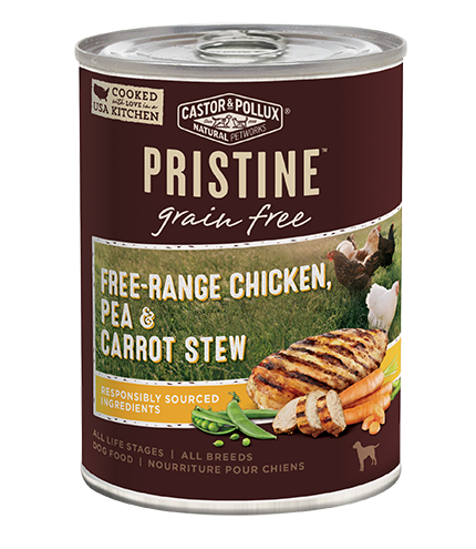 Castor &amp; Pollux PRISTINE Grain-Free Free-Range Chicken, Pea &amp; Carrot Stew Case of 12 Canned Dog Food 360g