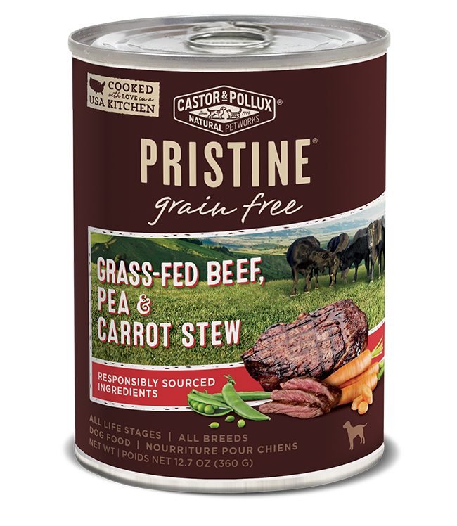 Castor &amp; Pollux PRISTINE Grain-Free Grass-Fed Beef, Pea &amp; Carrot Stew Case of 12 Canned Dog Food 360g