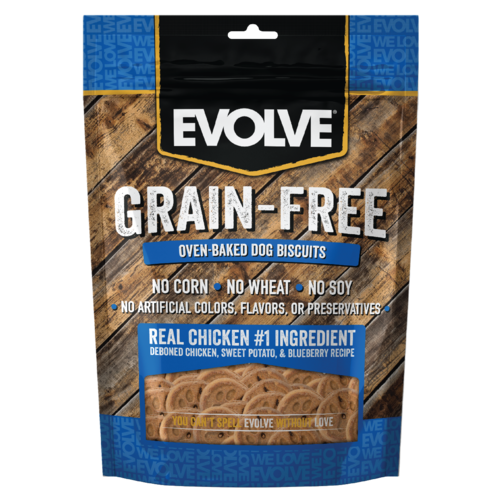 EVOLVE GRAIN FREE CHICKEN, SWEET POTATO, &amp; BLUEBERRY RECIPE DOG BISCUITS 340g