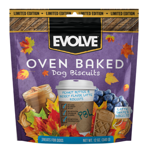 EVOLVE OVEN BAKED PEANUT BUTTER &amp; BERRY FLAVOR LATTE DOG BISCUITS 340g