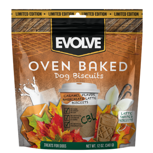 EVOLVE OVEN BAKED CARAMEL FLAVOR BARKCHIATO LATTE DOG BISCUITS 340g