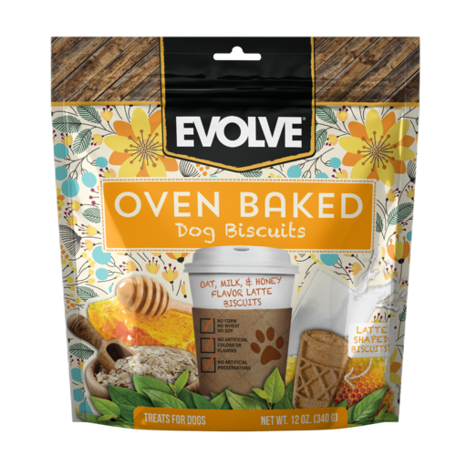 EVOLVE OVEN BAKED OAT, MILK, &amp; HONEY FLAVOR LATTE DOG BISCUITS 340g