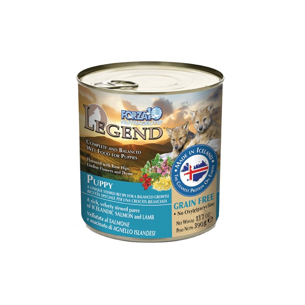 FORZA10 NUTRACEUTIC LEGEND PUPPY ICELANDIC SALMON &amp; LAMB RECIPE GRAIN-FREE PACK OF 12 CANNED DOG FOOD 390g