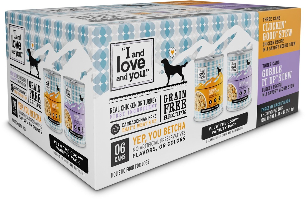 I AND LOVE AND YOU DOG CAN VARIETY PACK, STEW - FLEW THE COOP CASE OF 6 WET CANNED DOG FOOD 2.21kg