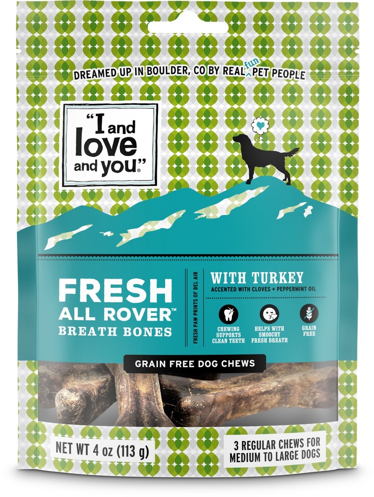 I and Love and You Fresh All Rover Breath Bones Grain-Free 3 Regular Count Dental Dog Treats 113g