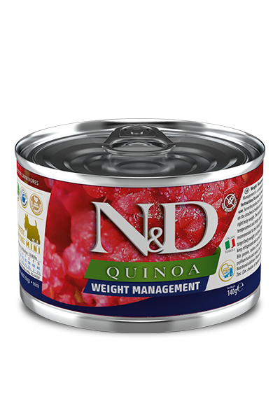 FARMINA N&amp;D QUINOA WEIGHT MANAGEMENT MINI CASE OF 12 WET CANNED DOG FOOD 140G