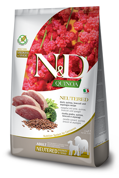 FARMINA N&amp;B QUINOA NEUTERED GRAIN FREE ADULT MEDIUM AND MAXI BREED DRY DOG FOOD 2.5KG