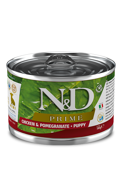 FARMINA N&amp;D PRIME CHICKEN &amp; POMEGRANATE PUPPY MINI BREED CASE OF 6 WET CANNED DOG FOOD 140G