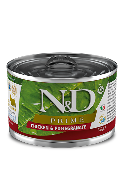 FARMINA N&amp;D PRIME CHICKEN &amp; POMEGRANATE ADULT MINI BREED CASE OF 6 WET CANNED DOG FOOD 140G