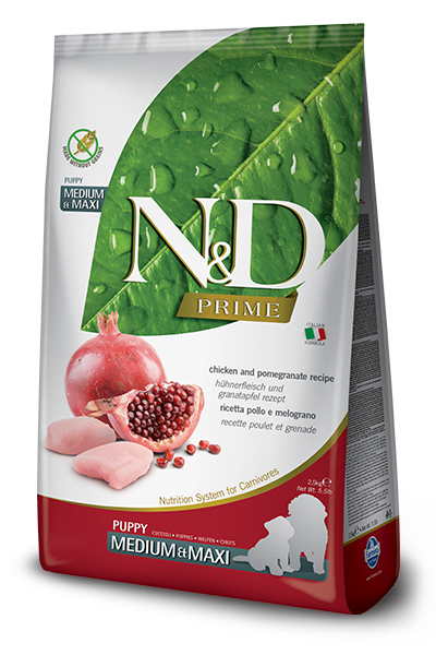 FARMINA N&amp;D PRIME CHICKEN &amp; POMEGRANATE PUPPY MEDUIM AND MAXI BREED GRAIN FREE DRY DOG FOOD 12KG