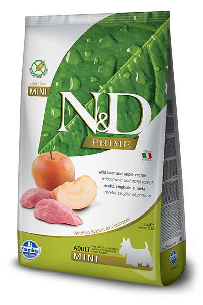 FARMINA N&amp;D PRIME WILD BOAR &amp; APPLE RECIPE ADULT MINI BREED GRAIN FREE DRY DOG FOOD 7KG