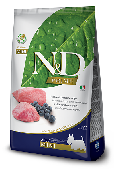 FARMINA N&amp;D PRIME LAMB &amp; BLUEBERRY RECIPE ADULT MINI BREED GRAIN FREE DRY DOG FOOD 7KG