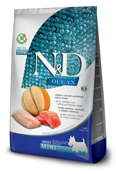 FARMINA N&amp;D OCEAN SALMON, COD &amp; CANTALUPE MELON ADULT MINI BREED GRAIN FREE DRY DOG FOOD 12KG