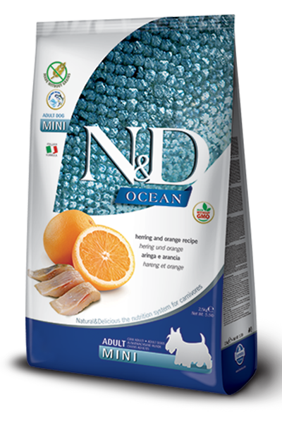 FARMINA N&amp;D OCEAN HERRING &amp; ORANGE RECIPE ADULT MINI BREED GRAIN FREE DRY DOG FOOD 7KG