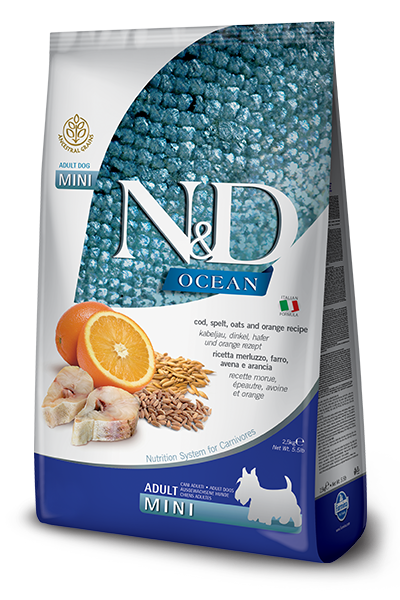 FARMINA N&amp;D OCEAN COD, SPELT, OATS &amp; ORANGE RECIPE ADULT MINI BREED GRAIN FREE DRY DOG FOOD 7KG